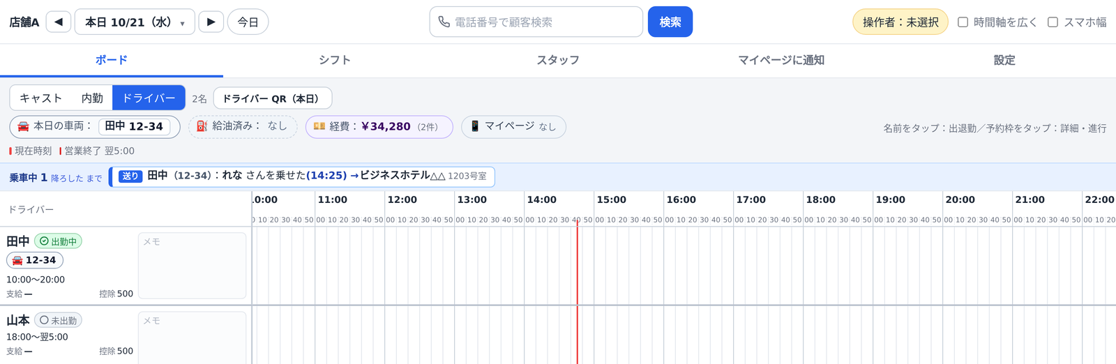 内勤ボードのドライバーの行。名前の横に出勤中・未出勤、車両、支給・控除